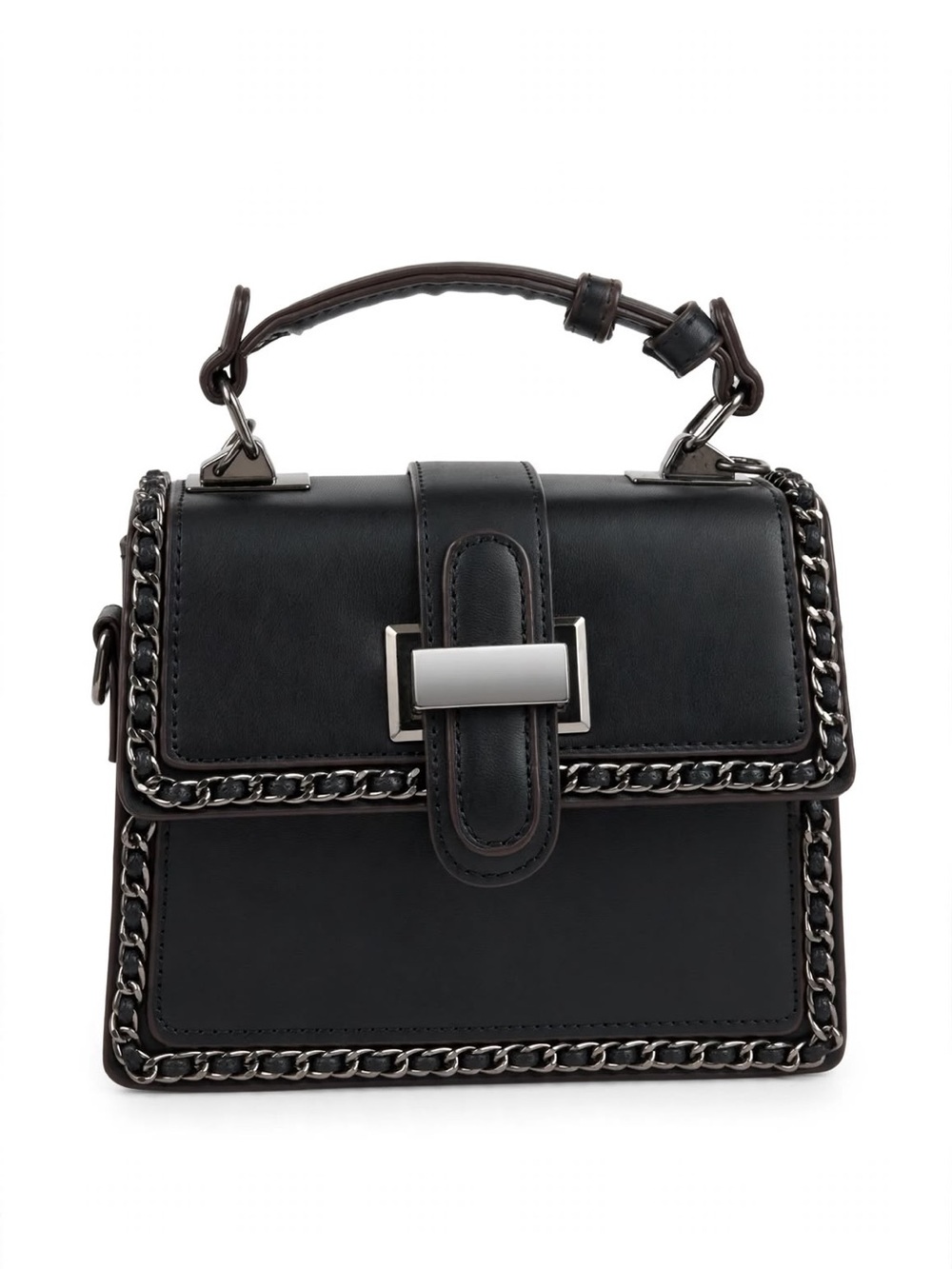 Black Mini Top Handle Bag V054# Black Silver CD Lock Satchel Crossbody Purse